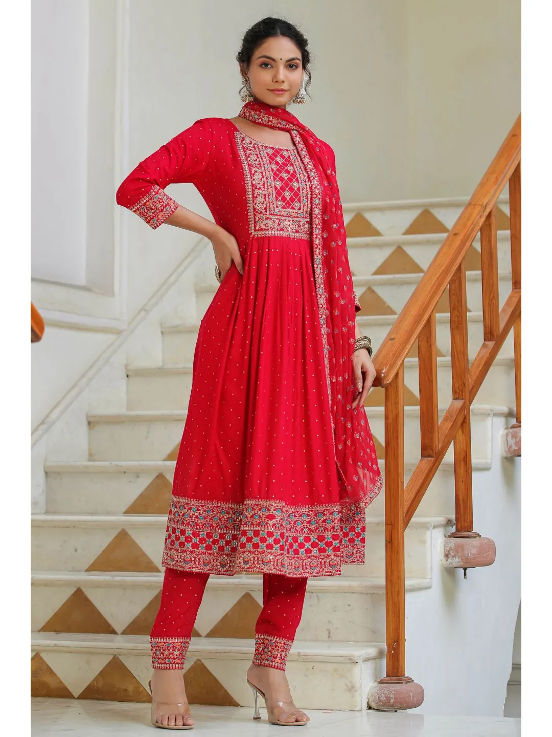 Raatrani Red Embroidered Naira Suit Set